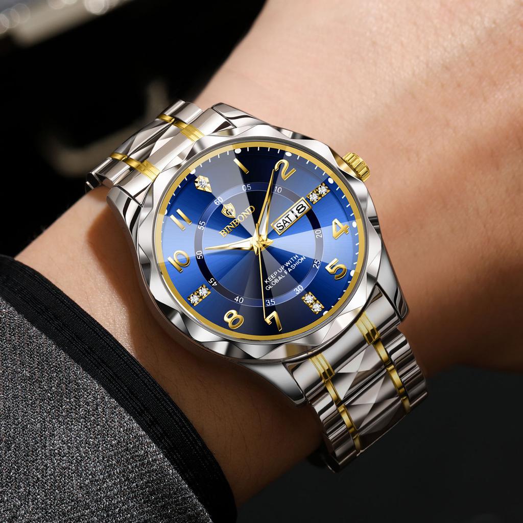 BINBOND Luxury Men Quartz Watch Waterproof Date Week Luminous Wristwatch Stainless Steel Men's Watches Male Clock