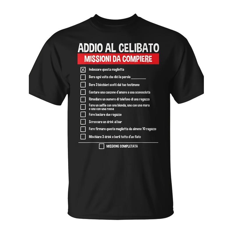 Bachelor Party Game Challenge unisex T-Shirt - Mission Checklist Design with Funny Italian Text & Humorous Task List - Adult Men's Casual Crew Neck Sh