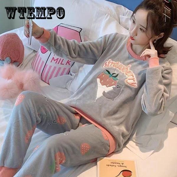 Autumn and Winter Flannel Sleepwear Women's Winter Long-sleeved Cute Cartoon Thick Coral Fleece Pajamas Suit