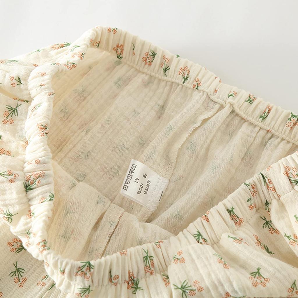 Летний Комплект Пижамы с Цветочным Верхом и Газовыми Штанами Японский Дневной [SISOFTLY] Пижама, Комплект из 6/8 предметов, Джинбей, Женская, Летняя, Хлопок, Брюки 7/8,