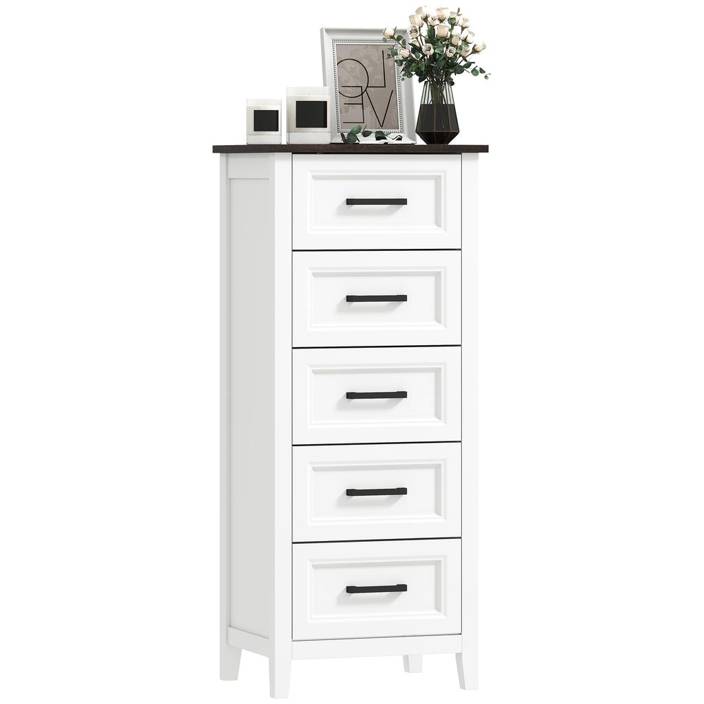 Narrow and Tall Bedroom Chest of Drawers with Wood-Effect Top Dresser for Small Spaces 45x35x106 cm White