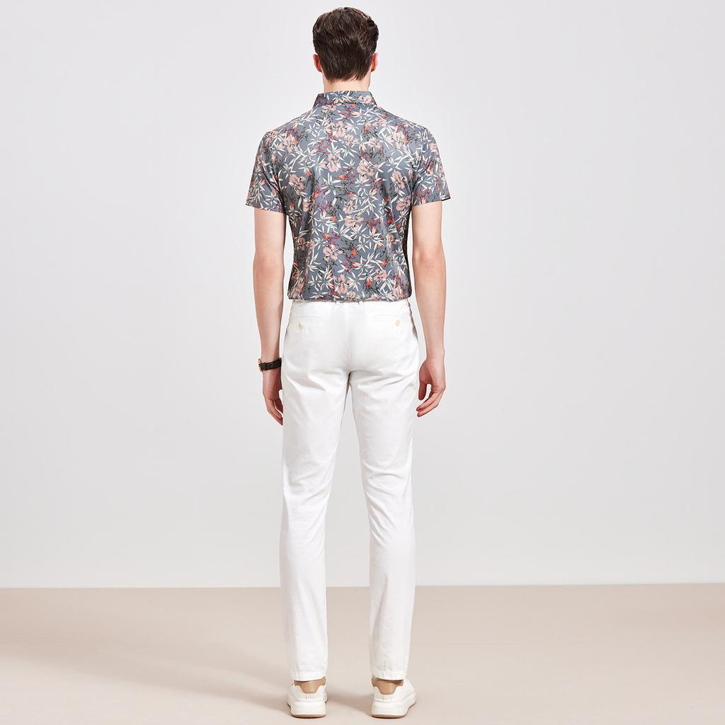 [Fashionable casual print] Short sleeved shirt with mulberry silk and linen for men in summer, skin friendly and breathable half sleeved shirt