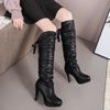 Модные женские сапоги на очень высоком каблуке, зимние туфли выше колена для женщин, черные сапоги с острым носком, горячее предложение, стильные сапоги из искусственной кожи