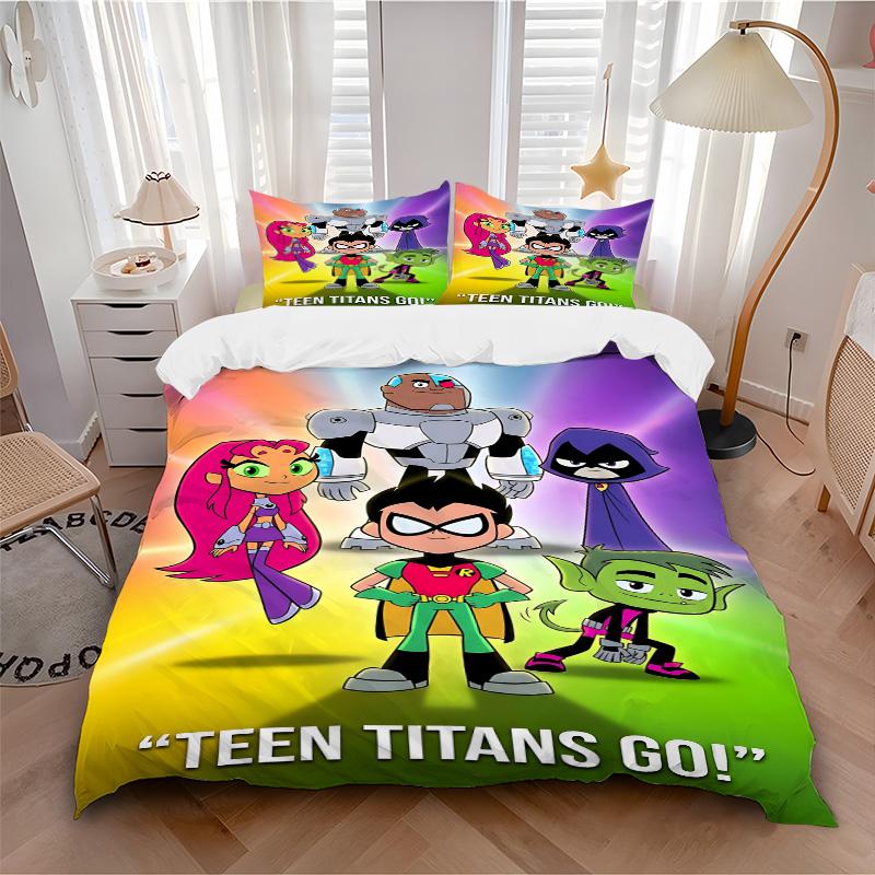 3pcs Teen Titans Go Adventure Bedding Set, Includes One Quilt Cover and Two Pillowcases, Bedroom and Guest Room Decoration. T7230173