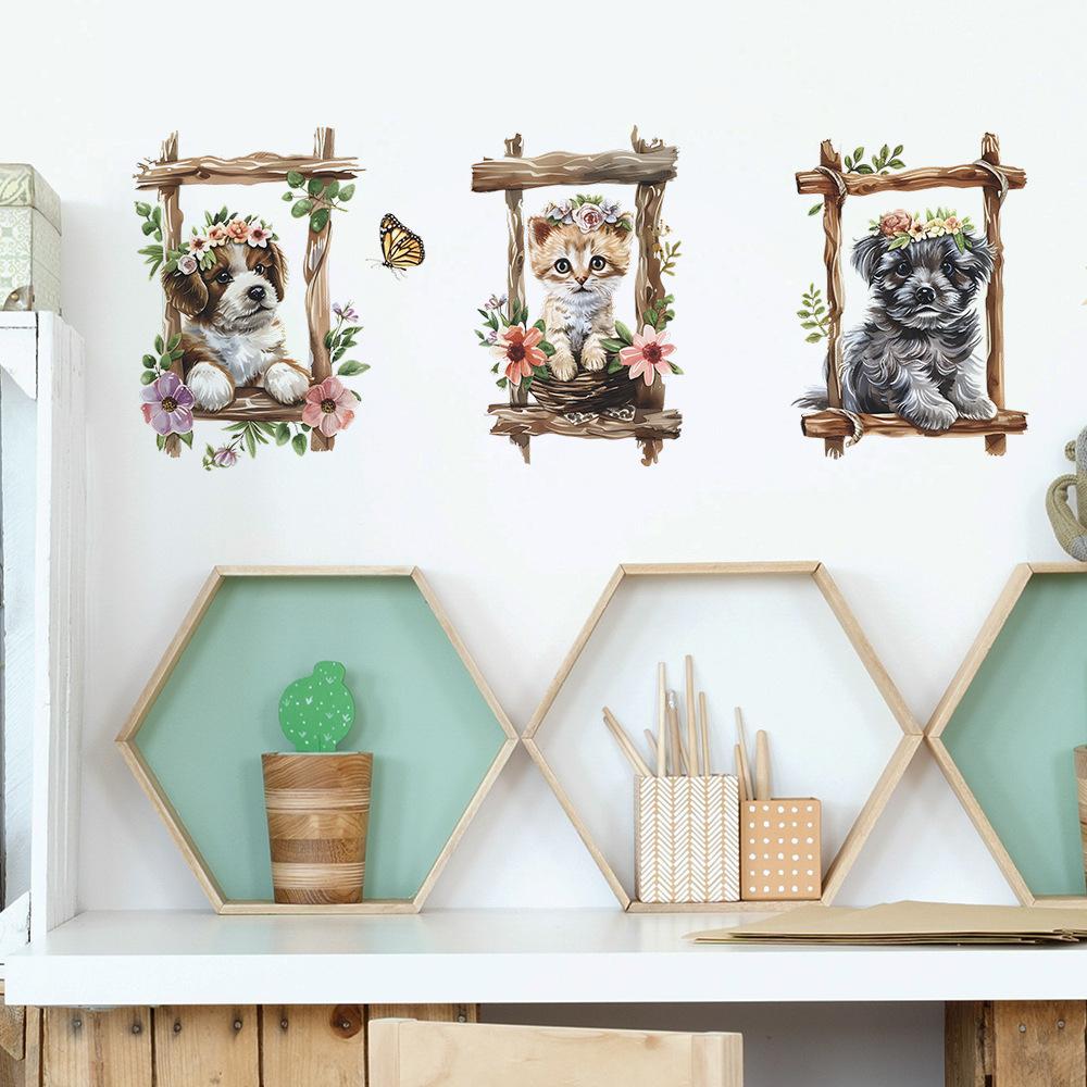 Мультяшный Кот Собака Триптих Рамка Наклейки на Стену Набор Самоклеящиеся для Детской Комнаты Настенный Декор