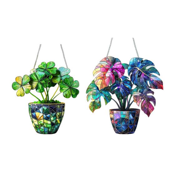 2D плоский клеверный орнамент, окрашенный акриловым оконным ловцом солнца, подвесным украшением в виде листа монстеры, зеленью, подарок для любителей природы