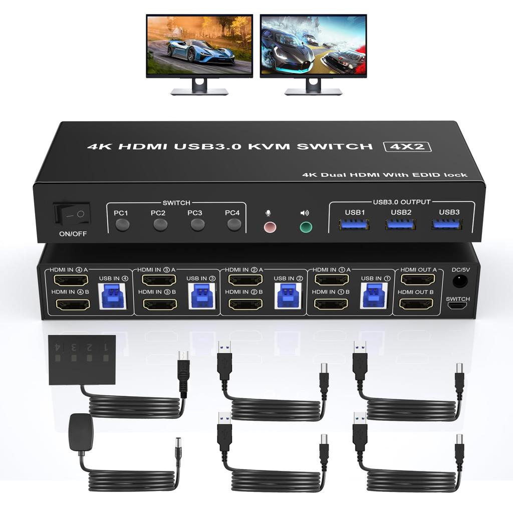 USB KVM Switch HDMI Dual Monitor 4 Ports 4 Computers HDMI Dual Monitor Switch for 4 PCs with Audio Output and 3 USB Ports 4 Port HDMI KVM Switch Input