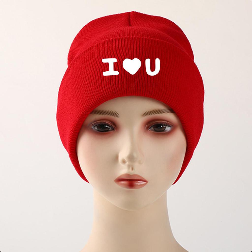 White "I Love U" Print Knit Hat Beanie, Man Cap Soft Cozy Solid Gorro Knit Cap Beanie