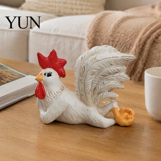 Garden Ornament for Yard White Rooster Statue with Enchanting Posture & Long Eyelashes, Creative Table Art Sculpture, Funny Resin Auspicious