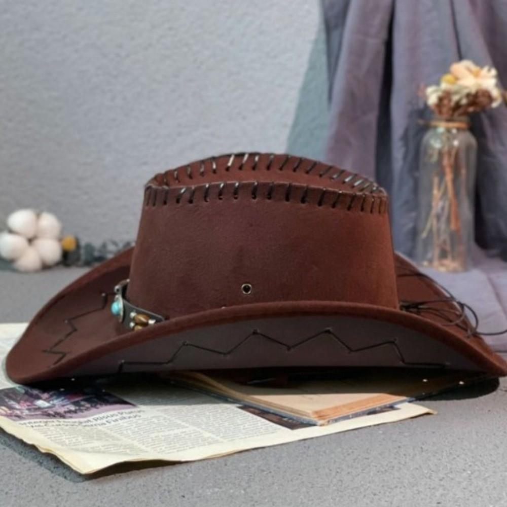 Wide Brim Fedora Hat Leather Belt Sun Hat Travel Western Cowboy Hat Camping