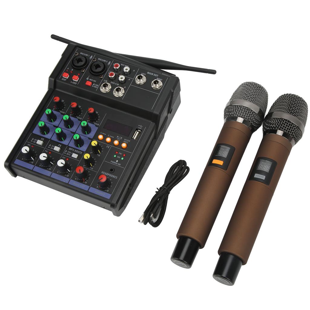 4 Channel Small Bluetooth Stereo Mixer with 2 Wireless Microphones Family Stereo Processor for Live Streaming