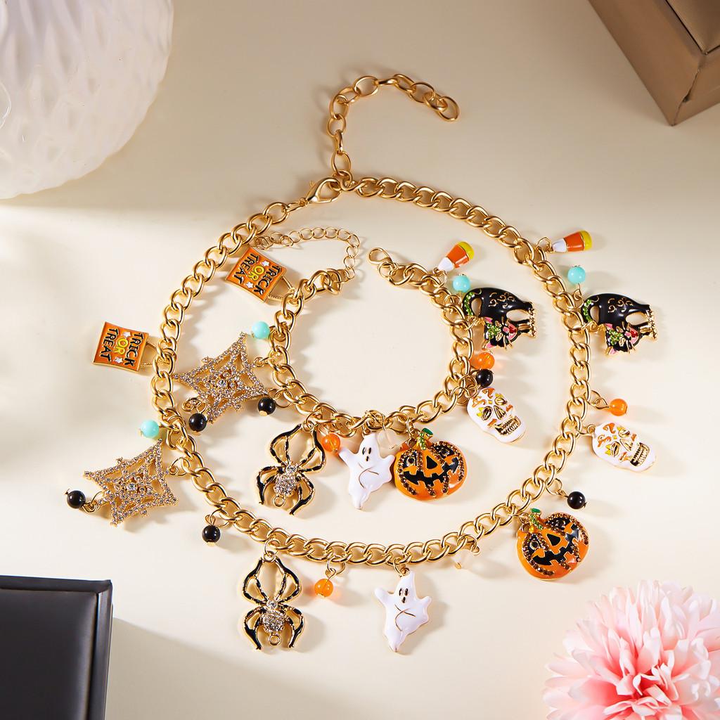 Pumpkin Skeleton Spider Charm Necklace And Bracelet In Alloy For Holiday Wear