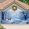 2D Flat 1 Large Christmas Garage Door Polyester Banner - Snow Forest Reindeer Pattern, Suitable for Winter Decoration