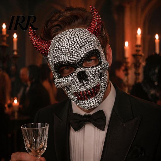 Glittering Masquerade Accessory Halloween Rhinestone Mask, Sparkly Faux Crystal Demon Horn Decorative Face Mask Lightweight Full Cosplay Prop