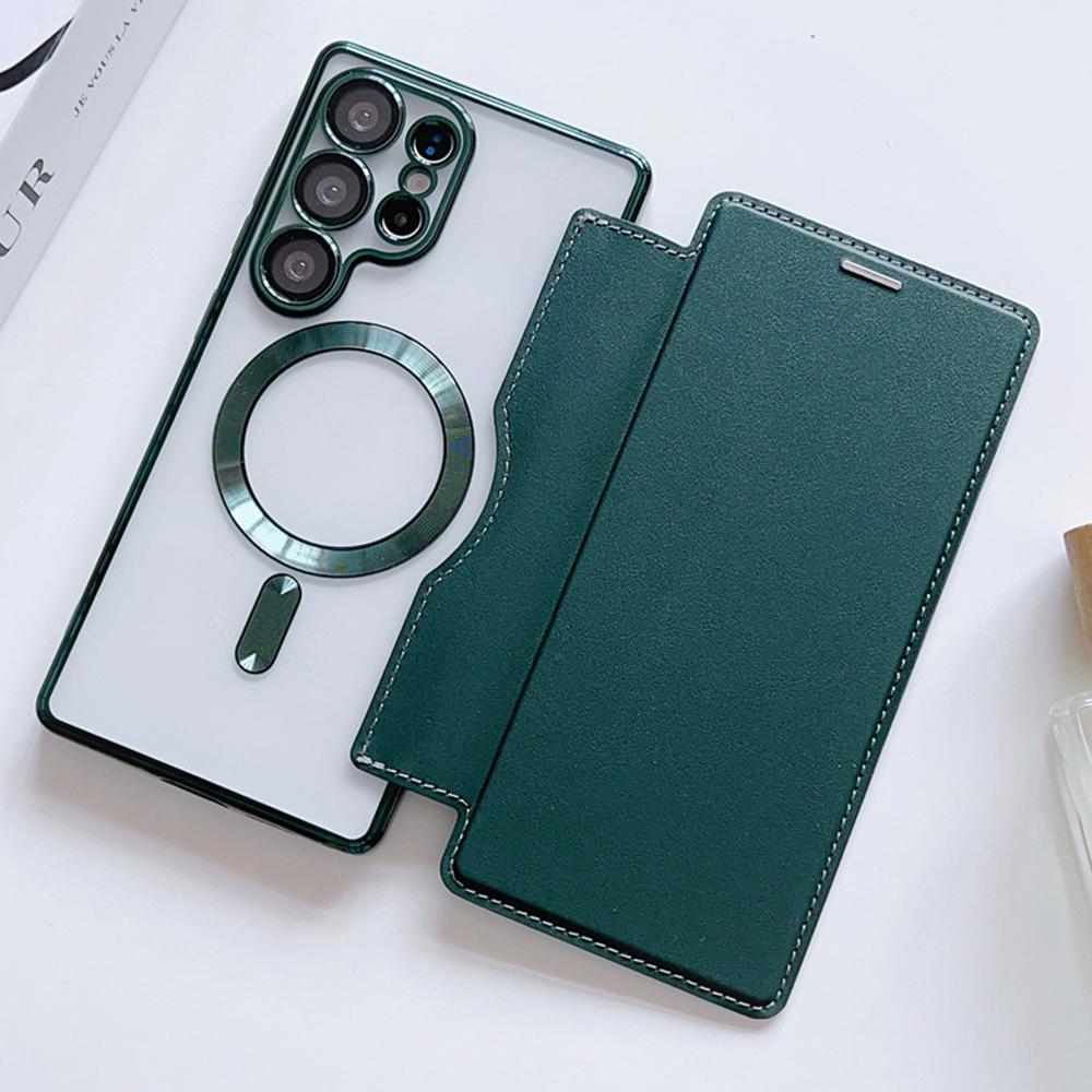 Magnetic Flip Leather Card Slots Holder For Magsafe Phone Case For Samsung S26 S25 Edge S24 S23 Ultra S22 Plus Clear Plated Caps
