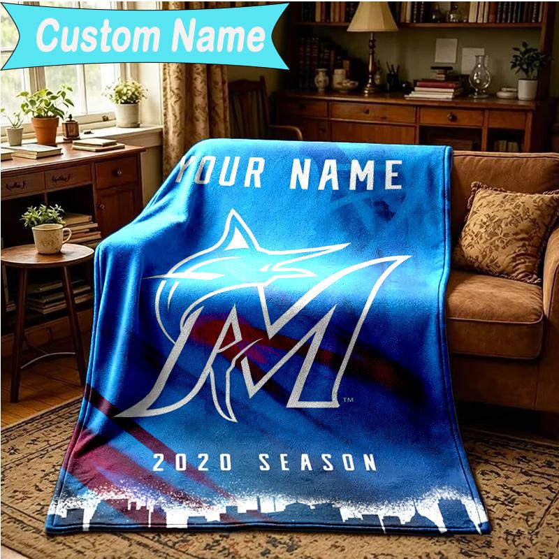1PC Custom Name Blanket Marlins Baseball Team Flannel blankets Patterns Throw Blanket All-Season Soft Gift for Couch, Bed, Camping, Birthday gifts