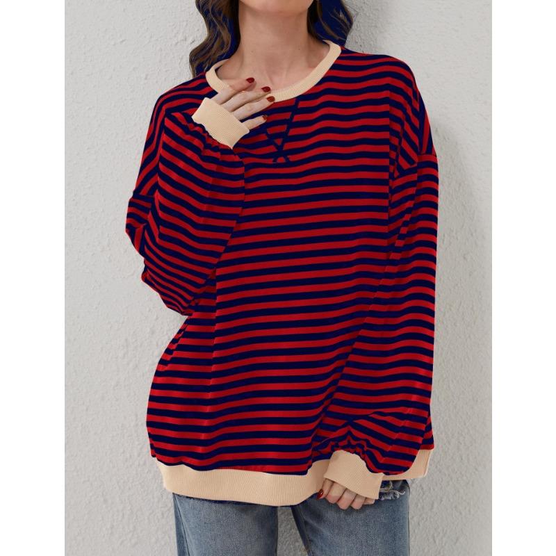 Женская осенне-зимняя полосатая толстовка с круглым воротником Color Collision Loose с длинным рукавом