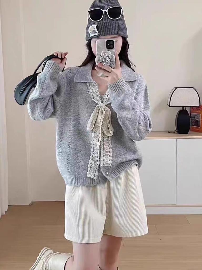 Кружевной кардиган с лацканами на шнуровке, вязаный топ, новый свободный ленивый свитер-жакет для женщин на осень и зиму