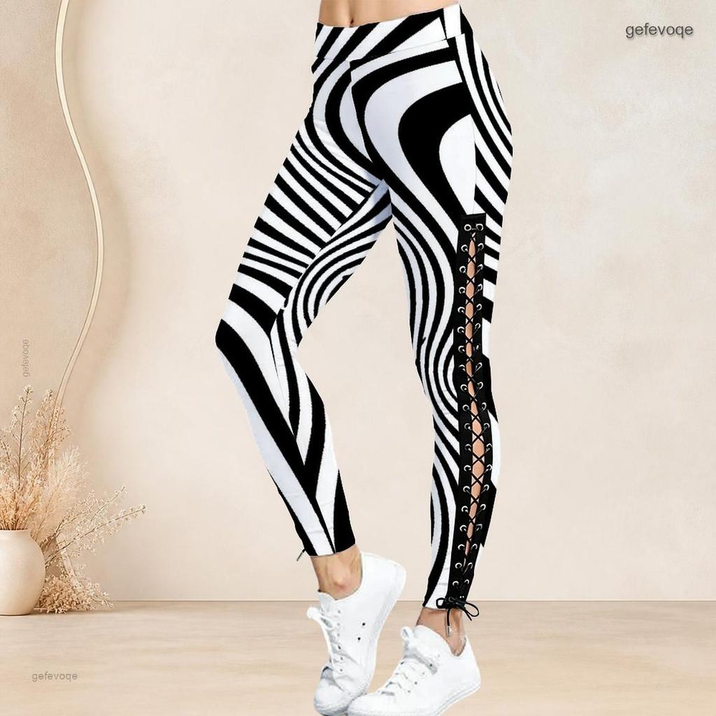 Women Plus Size High Waist Black White Striped Printed Side Eyelet Lace Up Full Length Leggings