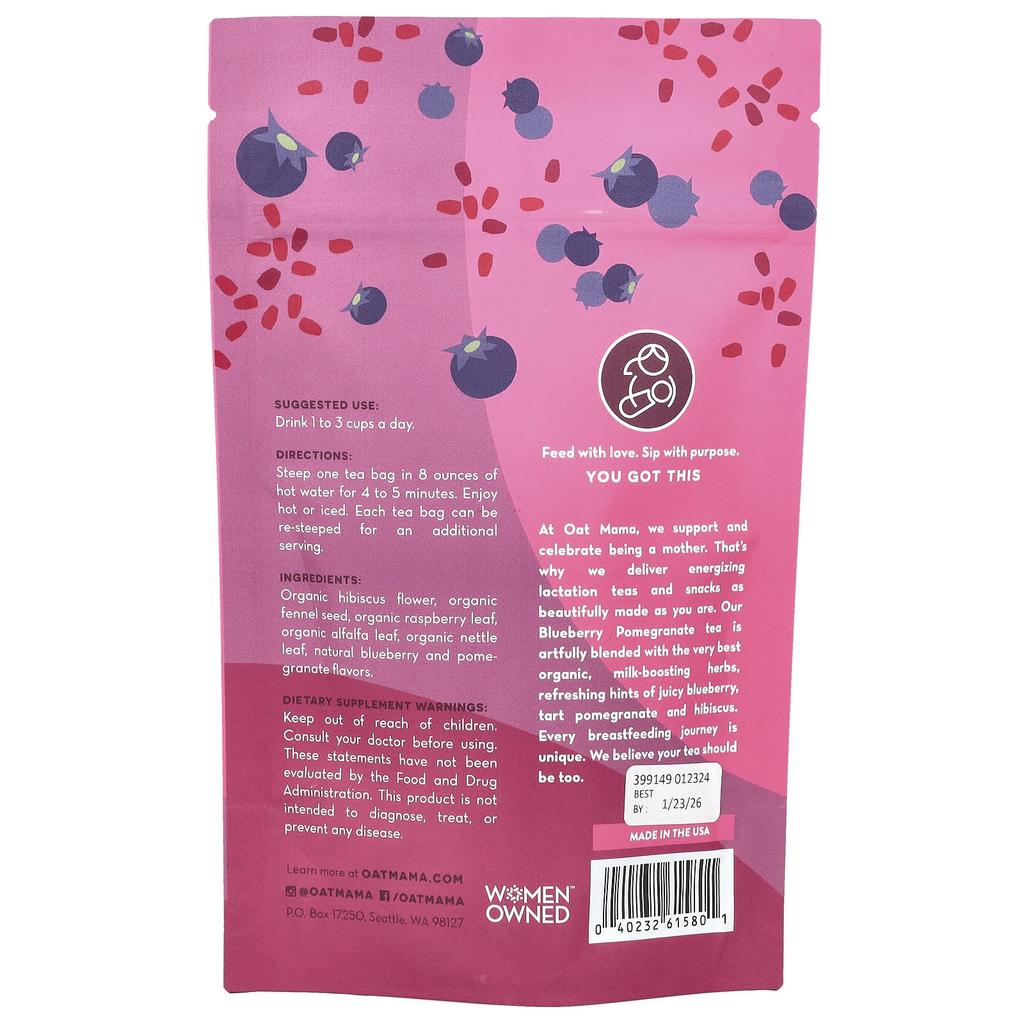 Oat Mama Чай для грудного вскармливания, черника и гранат, без кофеина, 14 пакетиков, 32 г