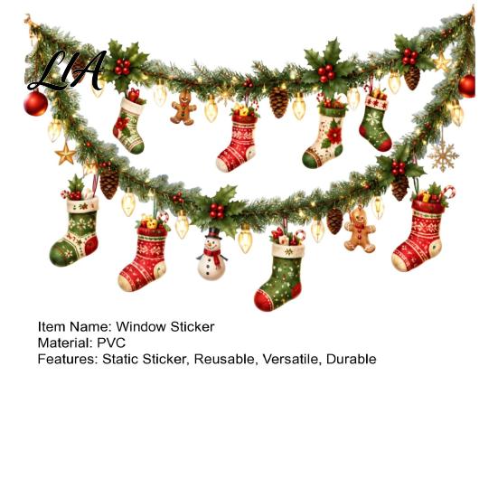 Christmas Window Clings Static Sticker, Rattan And Socks Pattern Removable PVC Living Room Decor Decal, Reusable Electrostatic Glass Cling for Windows