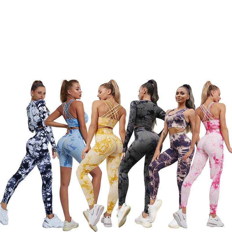 2 шт. спортивный комплект для женщин, галстук-краситель, комплект для йоги, бесшовный спортивный костюм, бюстгальтер, леггинсы, костюмы персиковые ягодицы, брюки с эффектом пуш-ап, спортивные комплекты, эластичные фитнес-наряды