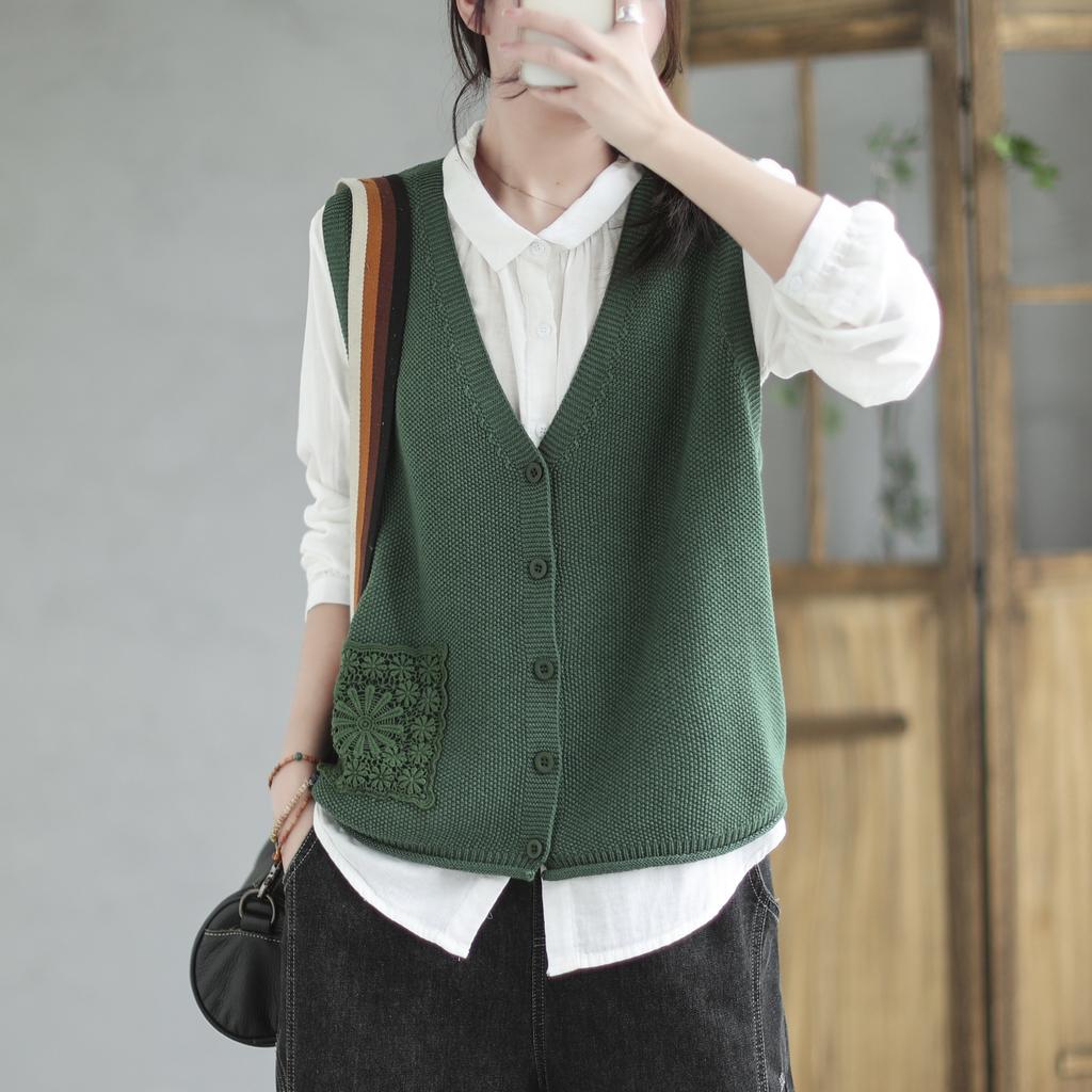 Женская винтажная вышивка V-образный вырез весна осень однобортная женская одежда повседневный вязаный свитер жилет