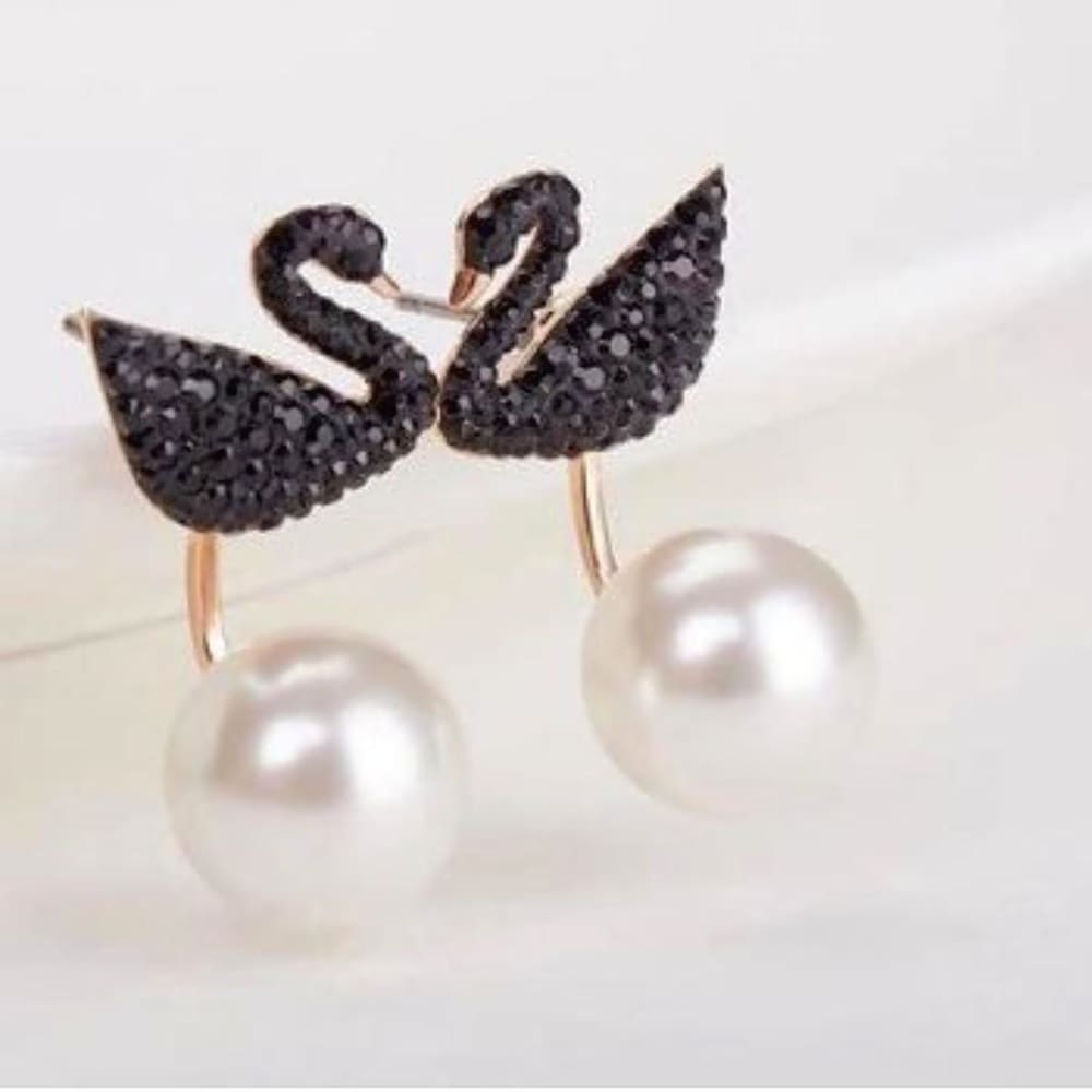 Swarovski Знаковые Серьги-пусеты 'Лебедь' Розовое Золото Черный Кристалл 5193949