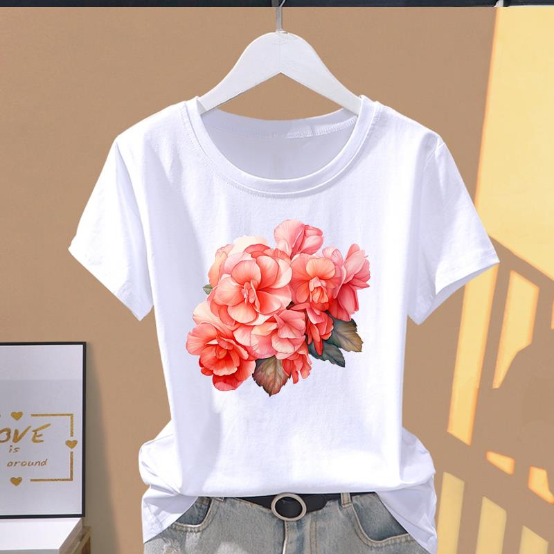 (Asian Size) Graphic Tee T Clothing Casual Fashion Trend Flower Cute 90s Print Female Casual  Women's Top Lady Short Sleeve T-shirt