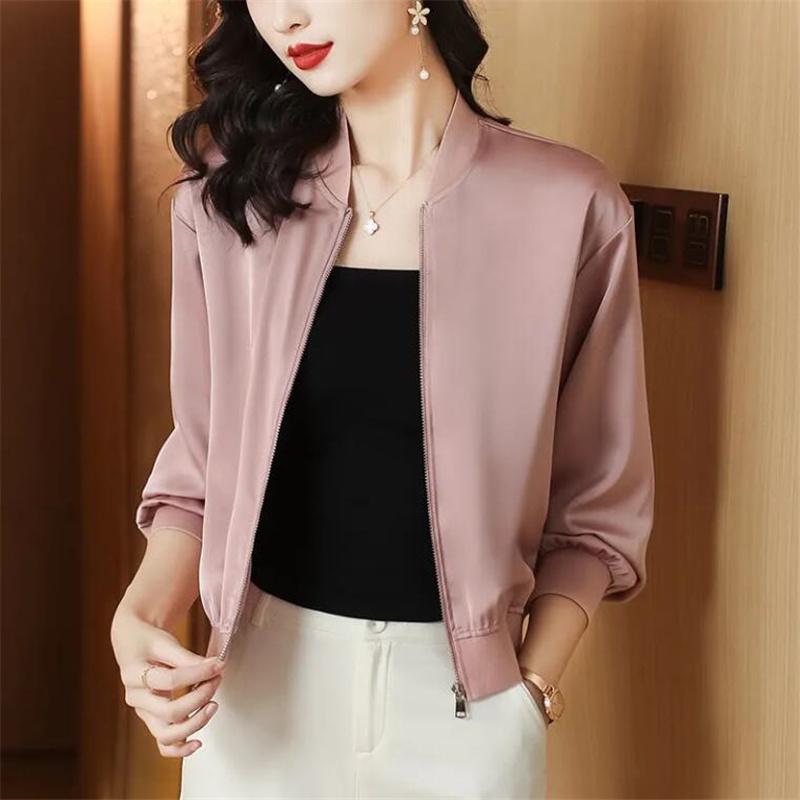 Silk Short Jackets Woman Coats Loose Satin Outwear Solid Color Cloth Zipper Baseball Jacket Spring Autumn Clothes Female Jacket
