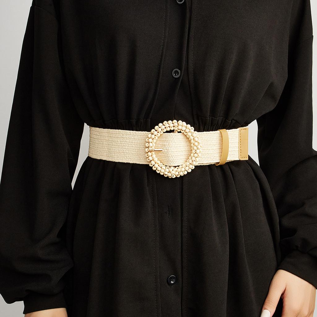 Simple Solid Color Bead Ring Buckle Decoration Women Woven Belt For Casual Ethnic Wear