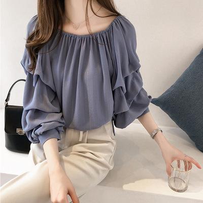 Spring and summer new Korean version one-word collar off-shoulder loose chiffon shirt scheming design long-sleeved top shirt women's clothing