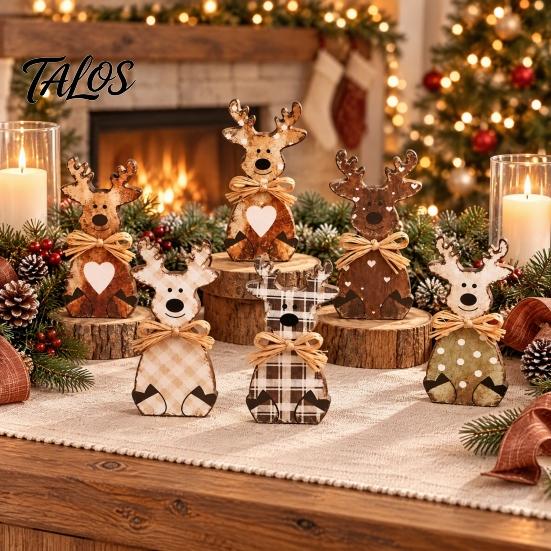 Decorative Elk Statues for Shelves Wooden Figurine, Rustic Ornament, Vintage Animal Desktop Decoration, 2D Flat Plaid Figures Wall Hanging Ornament