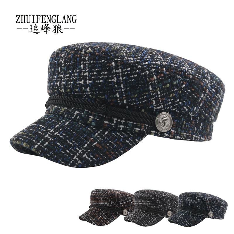 2018 Новая цветная сетчатая вязаная шляпа с плоским верхом, декоративная модная шляпа с пуговицами и веревкой, японская темно-синяя шляпа, студенческая шляпа