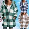 Fashion Women's Clothing Plush Coat Women Long Sleeved Checkered Hooded Zipper with Pocket Loose Top