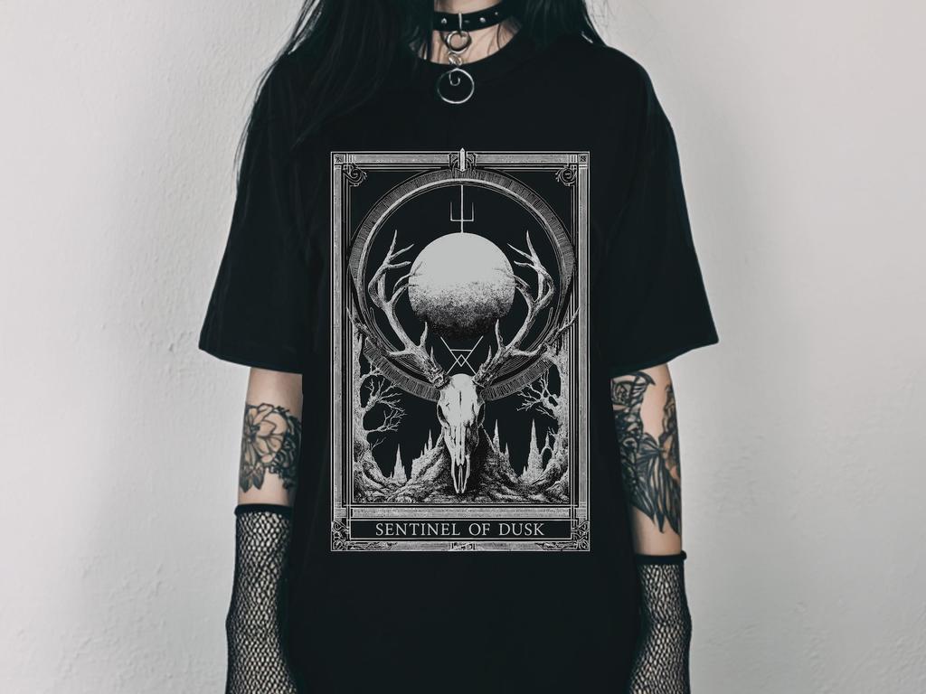 Unisex Deer Skull Gothic Tarot Card T-Shirt, Occult Witchy Graphic Shirt, Emo Alternative Clothing, Forestcore Goth Top, Witchy Gift For Her