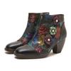 Retro Flower High Heel Boots Women Shoes Genuine Leather Hand Print Fashion Short Boots