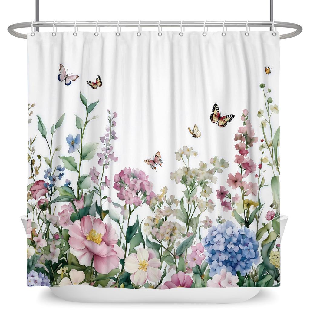 Watercolor Floral Shower Curtain Vibrant Wildflower Butterfly Print Waterproof Bathroom Curtain Decor Polyester With 12 Hooks