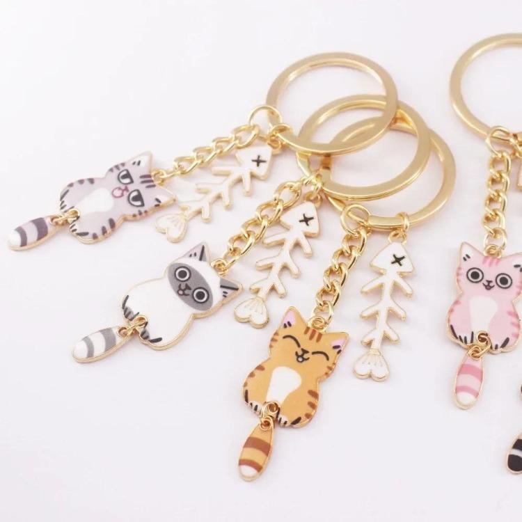 1 Piece Women Exquisite Cat Key Holder Cute Cartoon Kitten Fish Bone Keychain Organizer Portable Fashion Girl Pendant