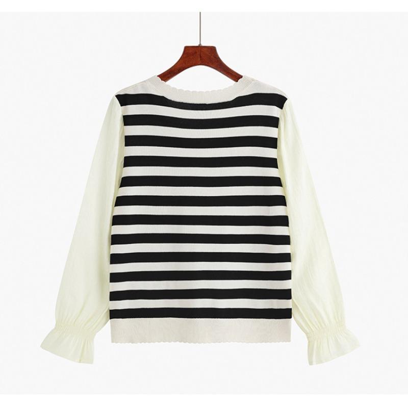 Женские топы с длинными рукавами и v-образным вырезом больших размеров, весенне-осенняя блузка, трикотаж в полоску