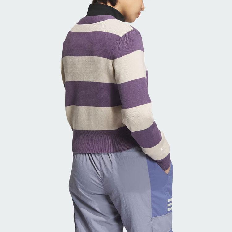 Adidas Оригинальный однобортный вязаный кардиган в полоску с трилистником и цветными блоками, женские топы с длинными рукавами, темно-серый, фиолетовый IN1068