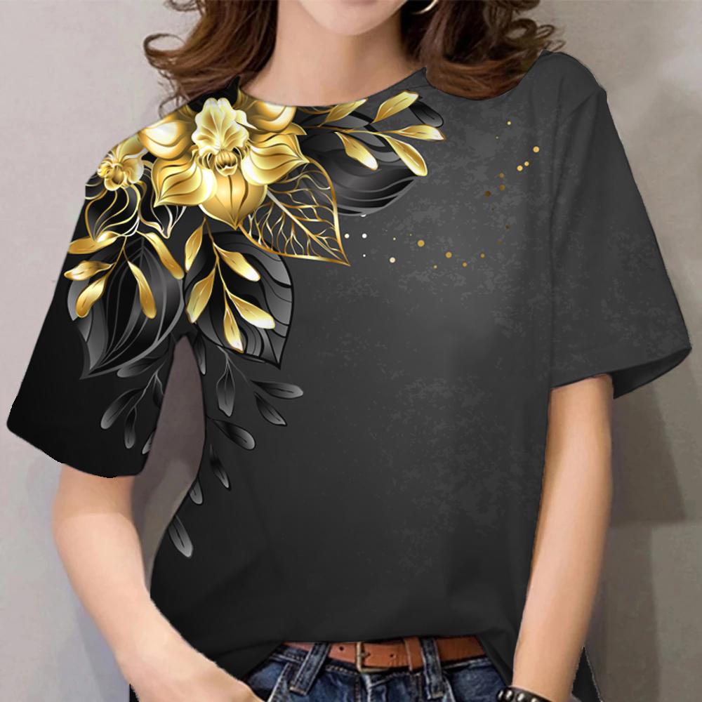 Luxury Women's T Shirt Floral Print Harajuku Clothes O Neck Casual Short Sleeve Tees Daily Y2k Blouse Oversized Tops