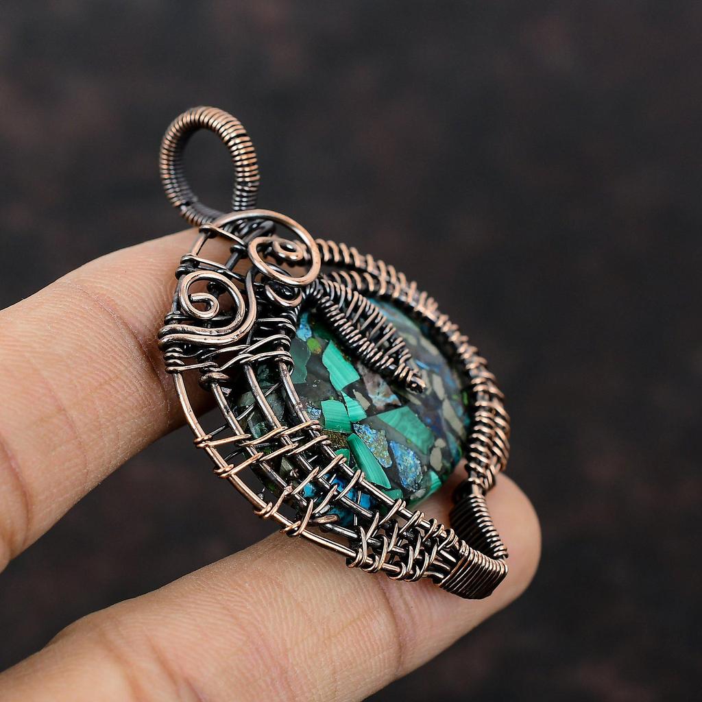 Copper Azurite Malachite Pendant Copper Wire Wrapped Pendant Copper Jewelry Handmade Gemstone Pendant Azurite Malachite Jewelry Gift For Her