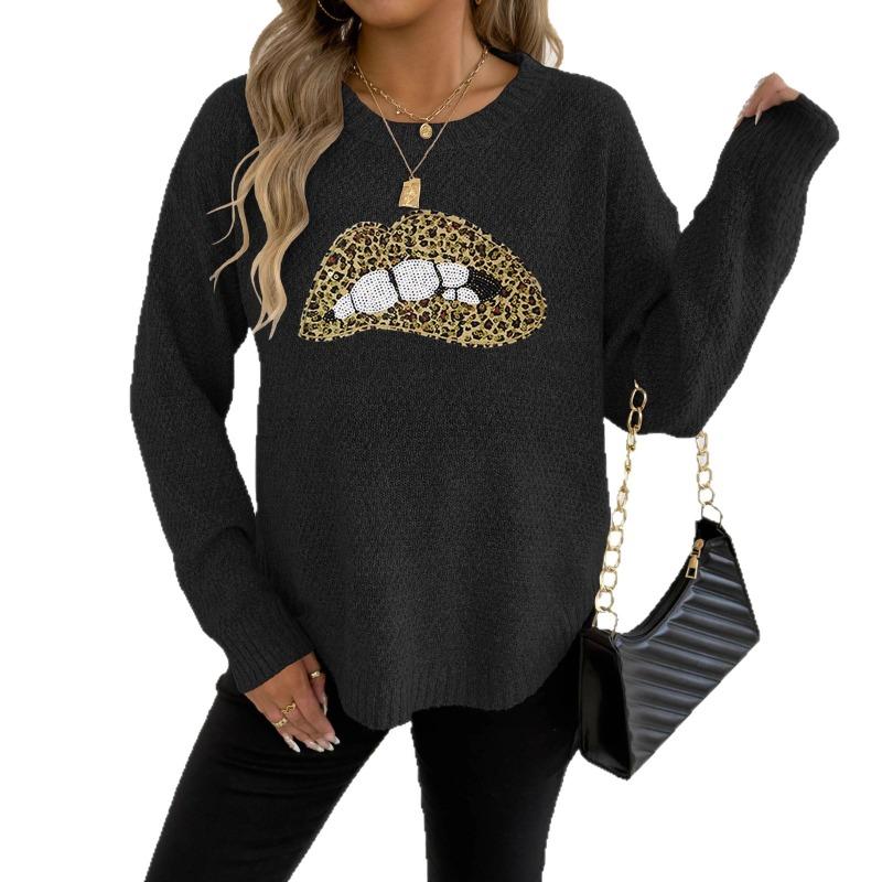 Leopard Print Embroidery Sequined Lips Personalized Round Neck Pullover Sweater for Women