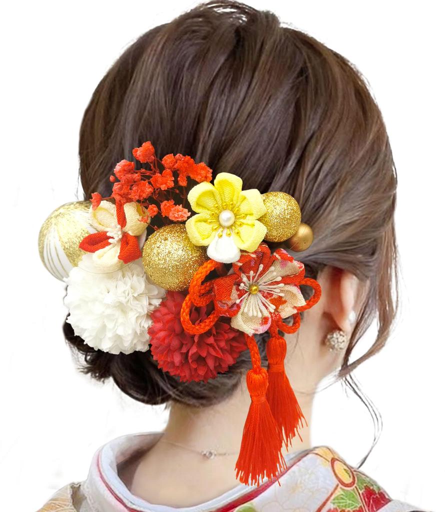 Baramoly Ceremony Hair Popular Japanese Clothing for and Handmade Ping Pong Mums with Braided HF213 Coming-of-Age Ornament, Tsumami-Zaiku, Yukata,
