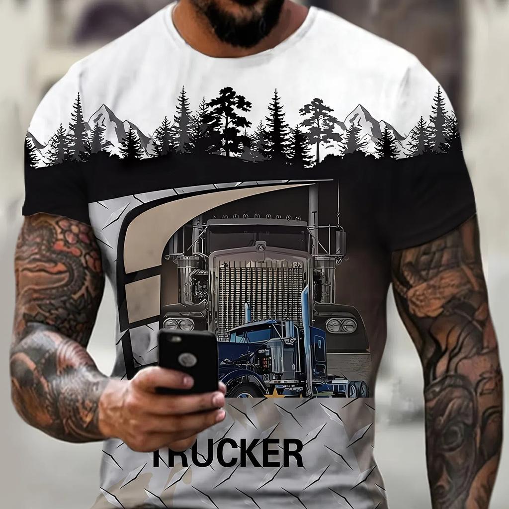 Plus Size Men's 3D Trucker Graphic Print T-shirt For Summer, Stylish Casual Short Sleeve Tees Outdoor Sports Tops