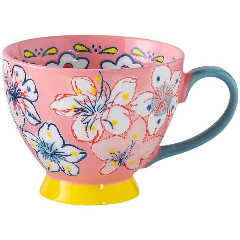 Керамическая чашка для воды с рельефным рисунком, чашка для завтрака с цветочным рисунком, европейская чашка для хлопьев, большая чашка с рисунком, креативная чашка