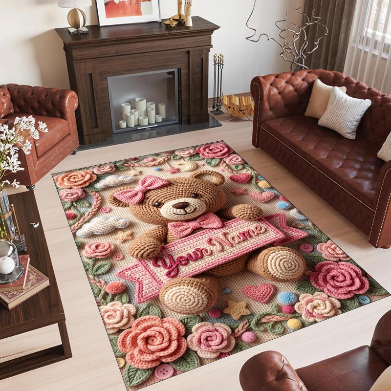 Teddy Bear Theme Crystal Velvet Rug Personalized Custom Name Text Soft Floor Mat Home Decor