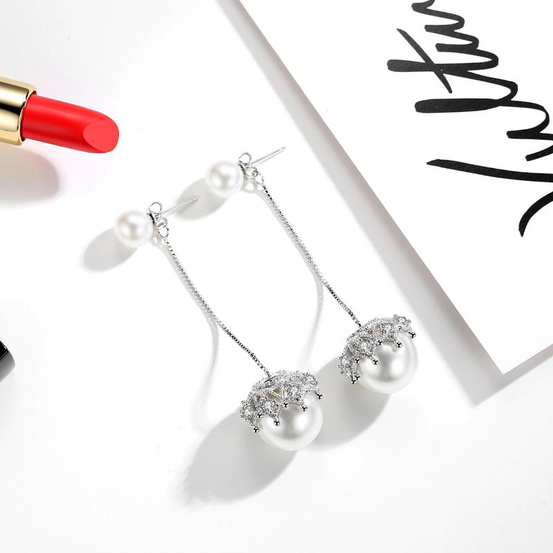 Женская корейская мода Элегантные антиаллергенные серьги-гвоздики из серебра 925 пробы с простым кристаллом циркона и кружевом с двойным жемчугом Женские длинные серьги-гвоздики для ушей Подарки