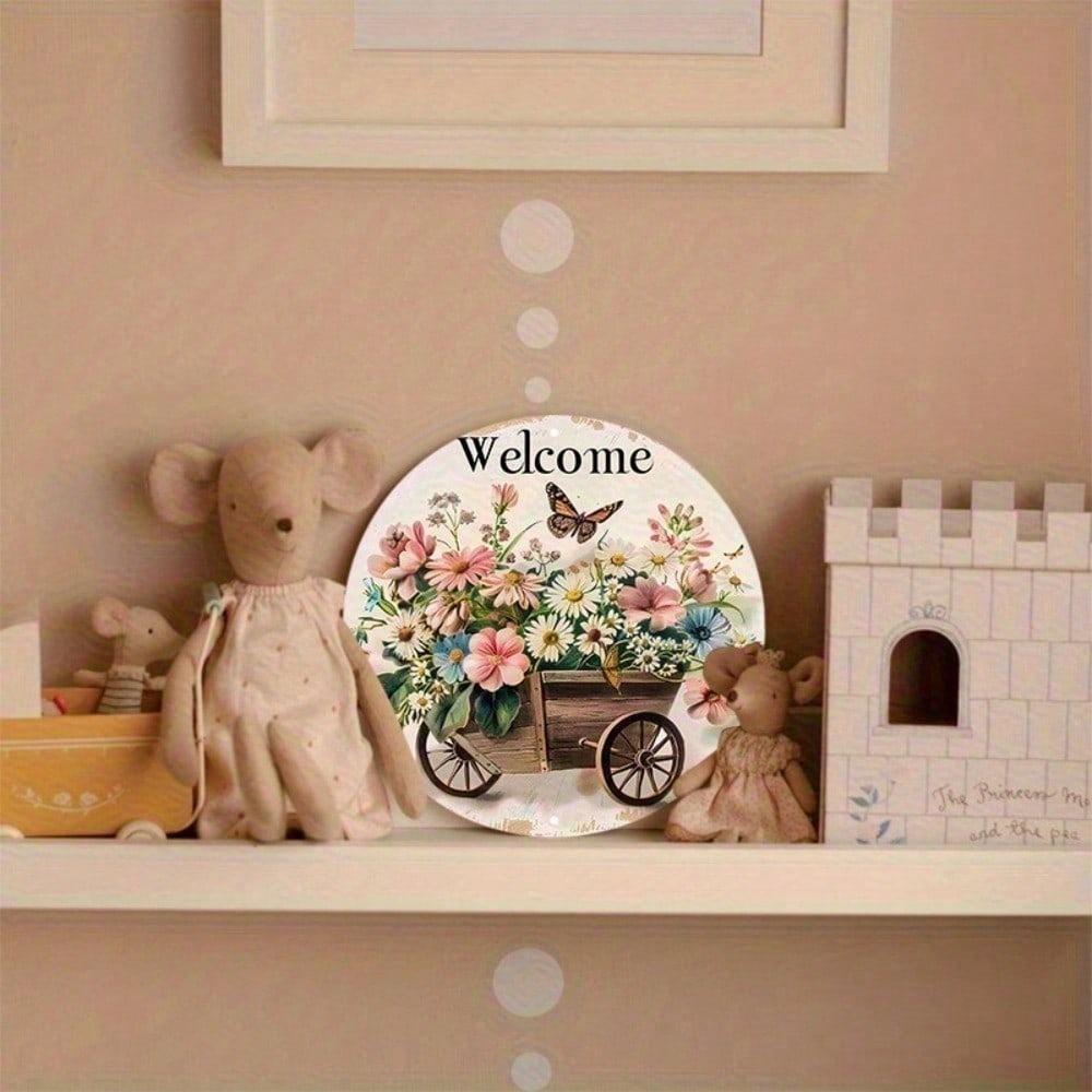 1pc 8x8 Inch Fantasy Animal Round Welcome Sign Waterproof HD Printed Floral Butterfly Door Hanger Wall Decor